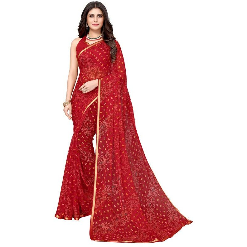SIRIL Womens Lace, Bandhani Printed Chiffon Saree with Blouse(2605S188_Red)