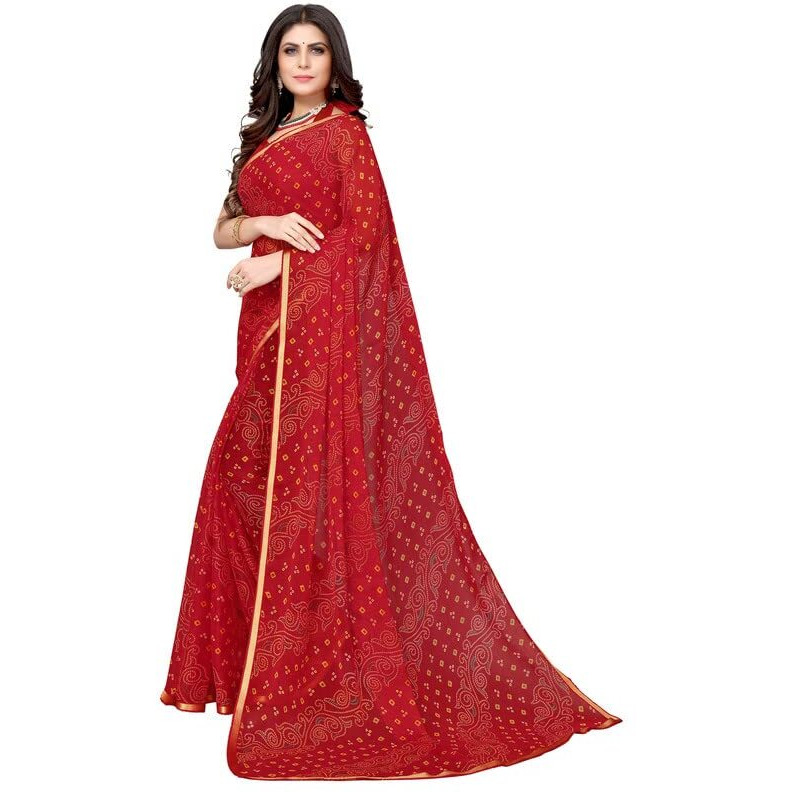 SIRIL Womens Lace, Bandhani Printed Chiffon Saree with Blouse(2605S188_Red)
