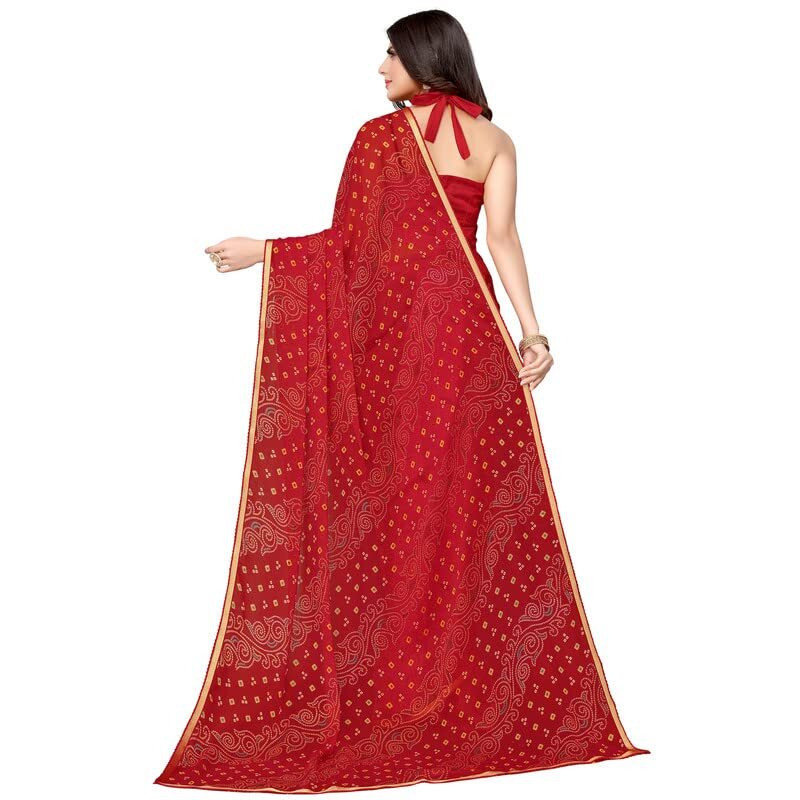 SIRIL Womens Lace, Bandhani Printed Chiffon Saree with Blouse(2605S188_Red)