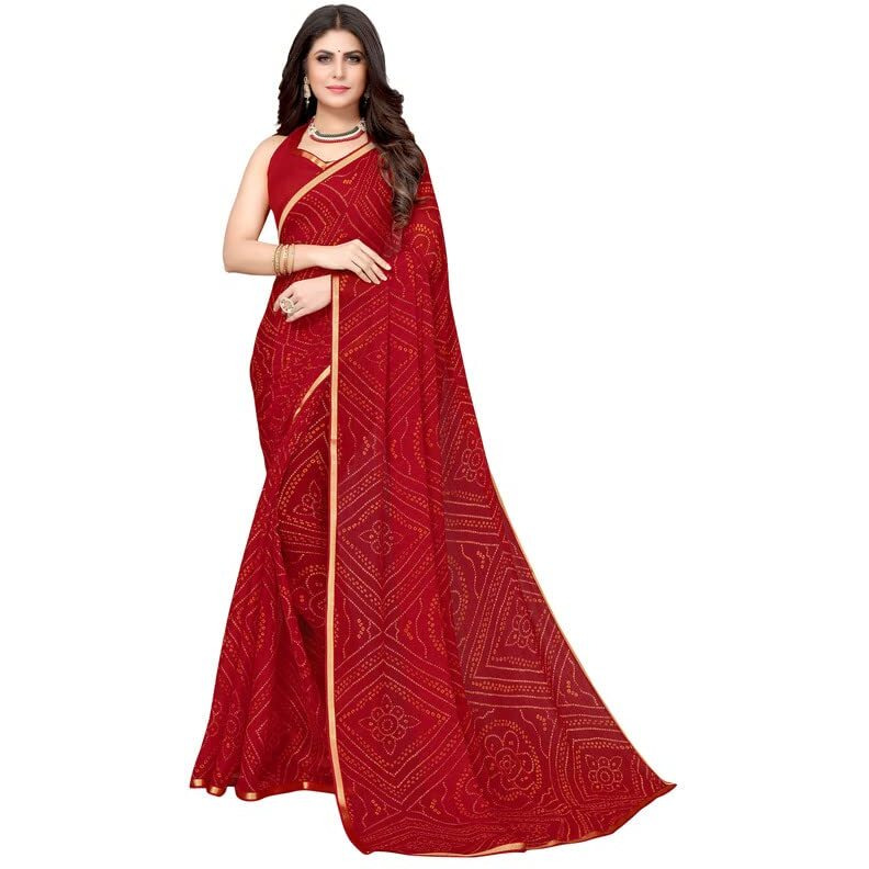 SIRIL Womens Lace, Bandhani Printed Chiffon Saree with Blouse(2605S184_Red)