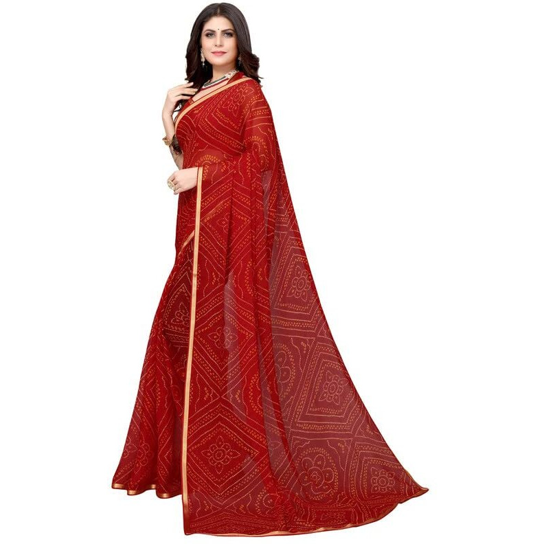 SIRIL Womens Lace, Bandhani Printed Chiffon Saree with Blouse(2605S184_Red)