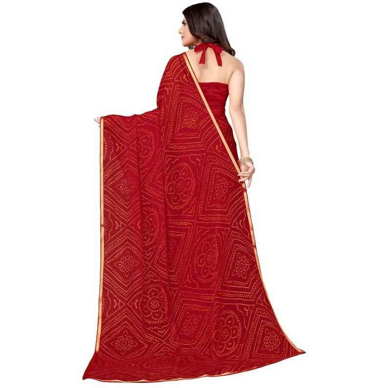 SIRIL Womens Lace, Bandhani Printed Chiffon Saree with Blouse(2605S184_Red)