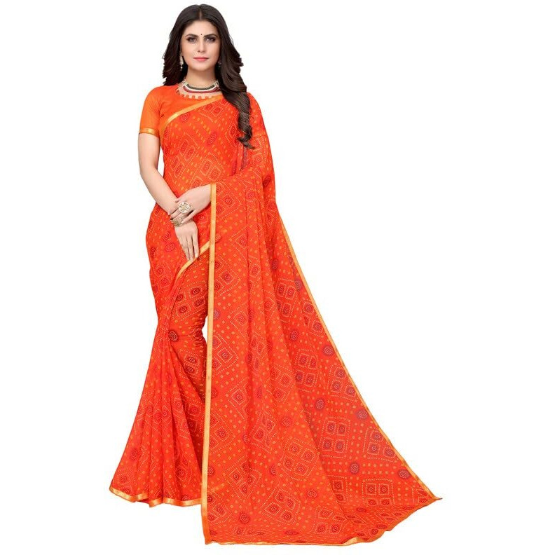 SIRIL Womens Lace, Bandhani Printed Chiffon Saree with Blouse(2605S181_Orange)