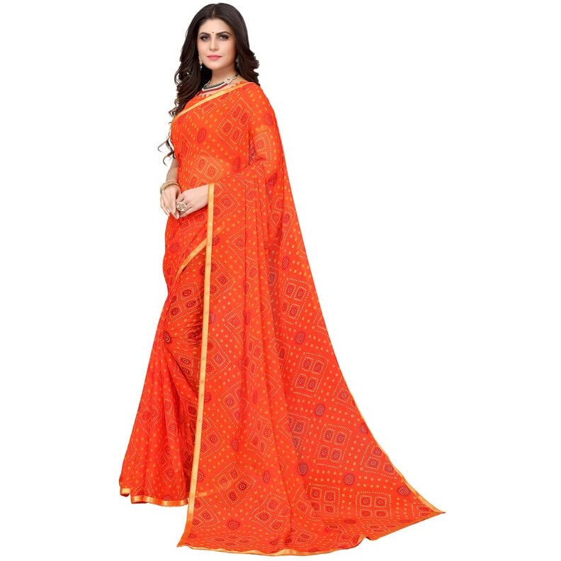 SIRIL Womens Lace, Bandhani Printed Chiffon Saree with Blouse(2605S181_Orange)