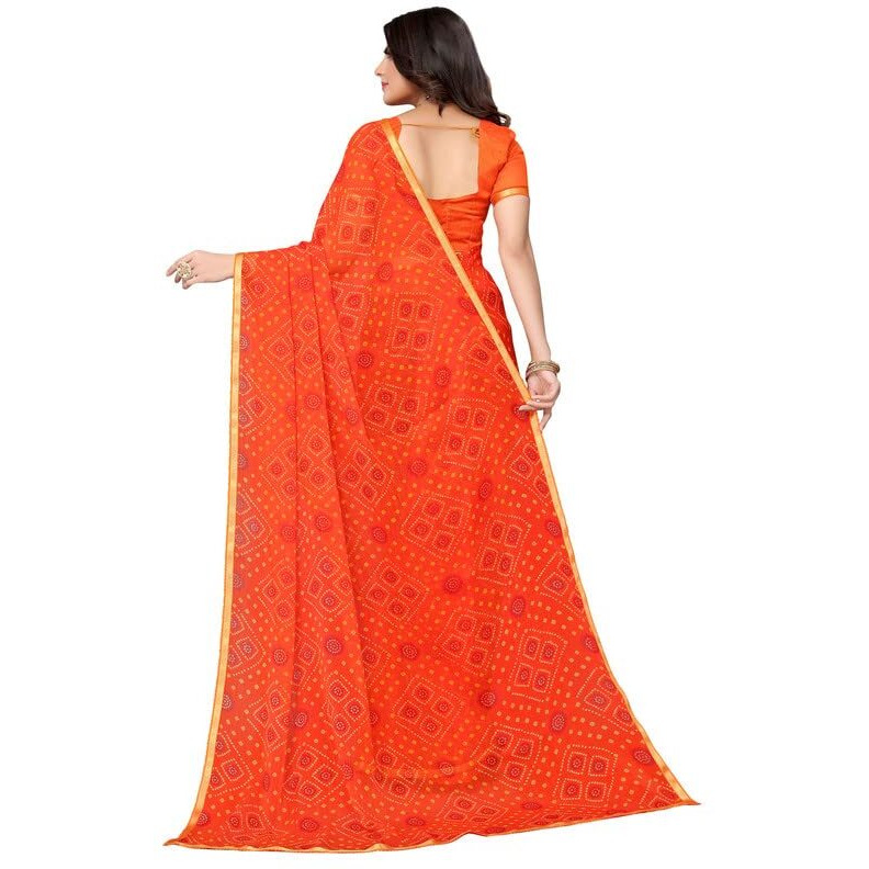 SIRIL Womens Lace, Bandhani Printed Chiffon Saree with Blouse(2605S181_Orange)