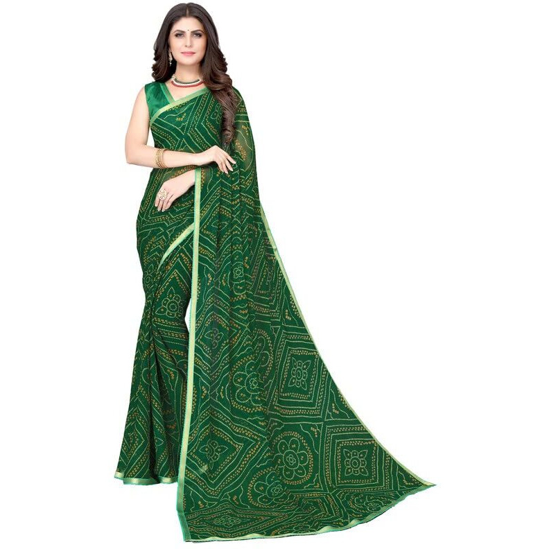 SIRIL Womens Lace, Bandhani Printed Chiffon Saree with Blouse(2605S186_Green)