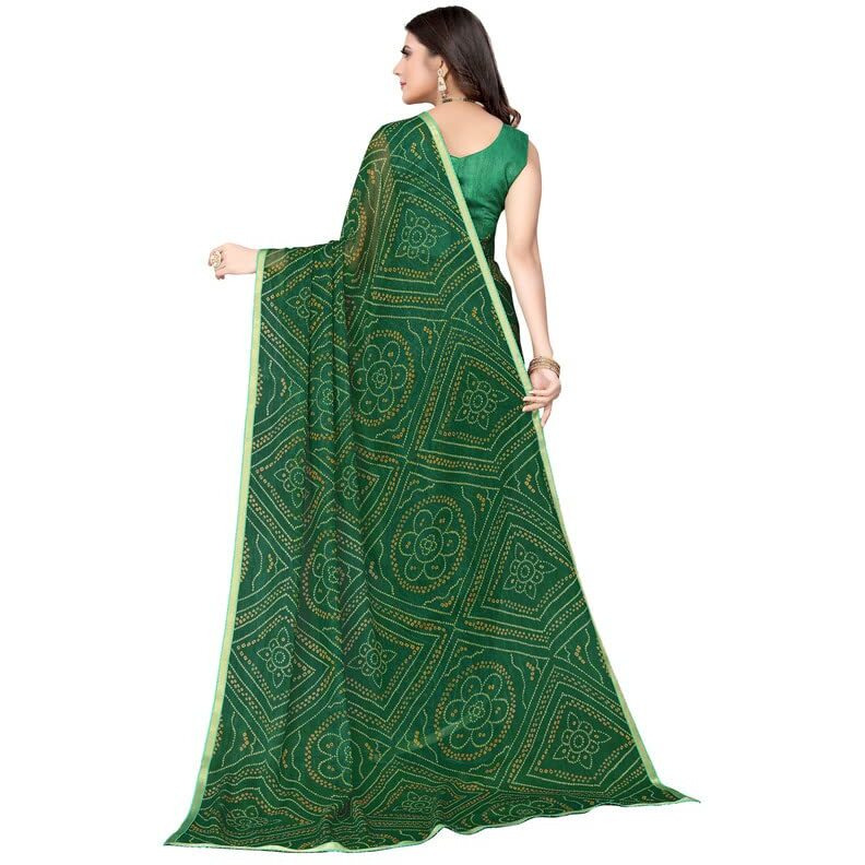 SIRIL Womens Lace, Bandhani Printed Chiffon Saree with Blouse(2605S186_Green)