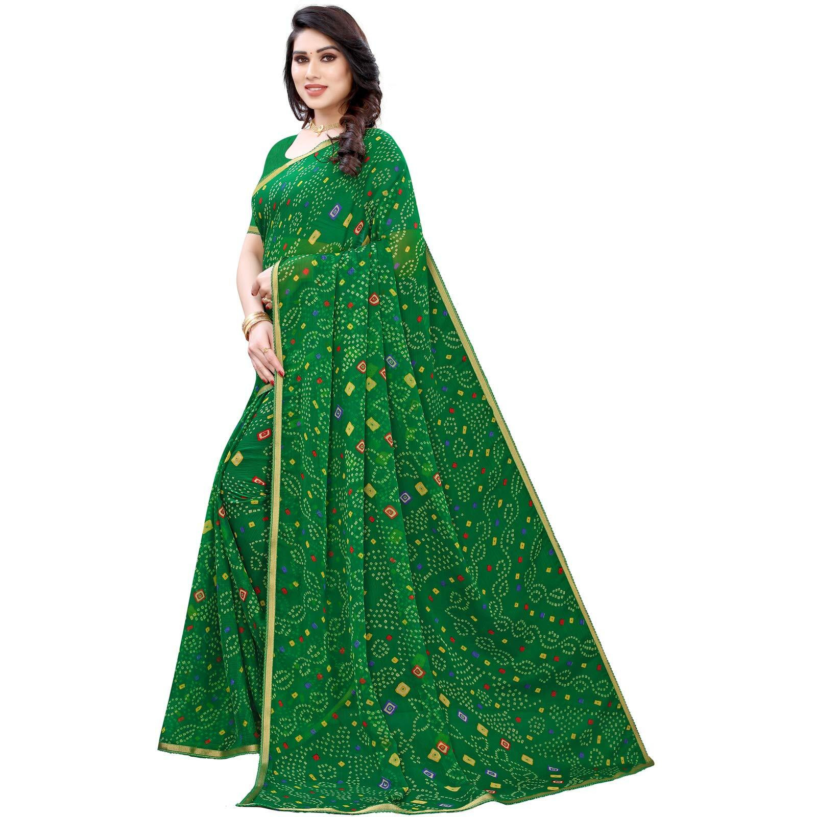 SIRIL Womens Chiffon Bandhani Printed Saree with Blouse Piece (1882S115, Printed, Laced, Green)