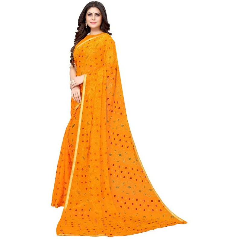 SIRIL Womens Lace, Bandhani Printed Chiffon Saree with Blouse(2605S189_Yellow)