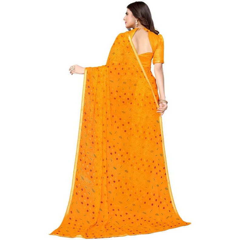 SIRIL Womens Lace, Bandhani Printed Chiffon Saree with Blouse(2605S189_Yellow)