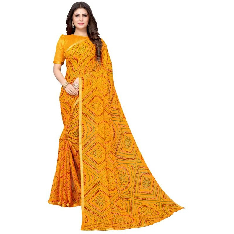SIRIL Womens Lace, Bandhani Printed Chiffon Saree with Blouse(2605S185_Yellow)