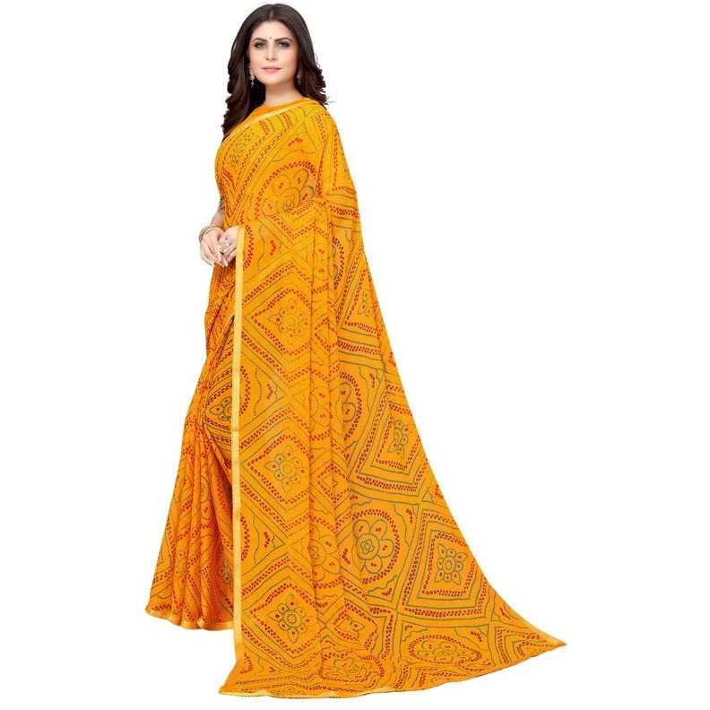 SIRIL Womens Lace, Bandhani Printed Chiffon Saree with Blouse(2605S185_Yellow)