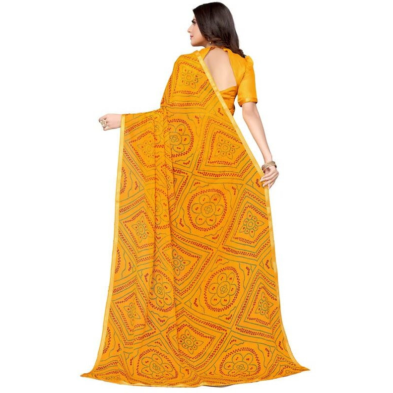 SIRIL Womens Lace, Bandhani Printed Chiffon Saree with Blouse(2605S185_Yellow)