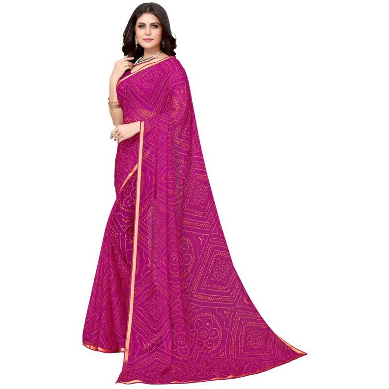SIRIL Womens Lace, Bandhani Printed Chiffon Saree with Blouse(2605S183_Pink)