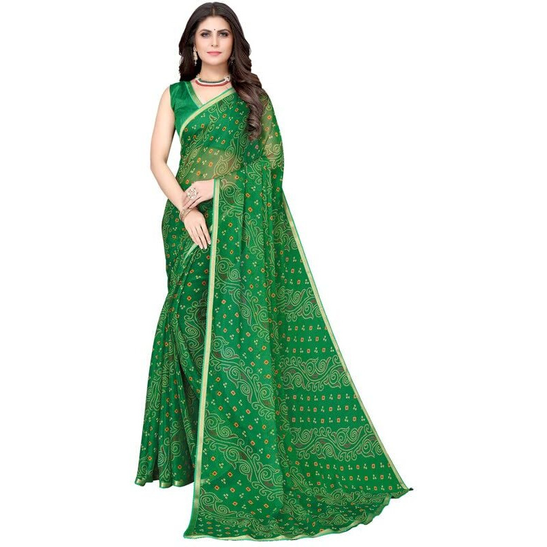 SIRIL Womens Lace, Bandhani Printed Chiffon Saree with Blouse(2605S190_Green)