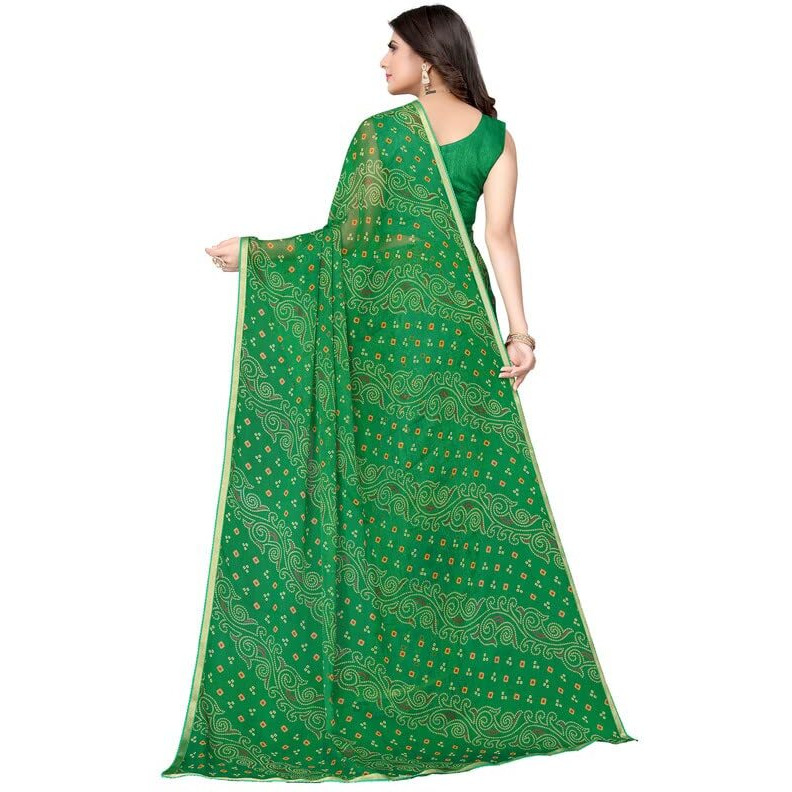 SIRIL Womens Lace, Bandhani Printed Chiffon Saree with Blouse(2605S190_Green)