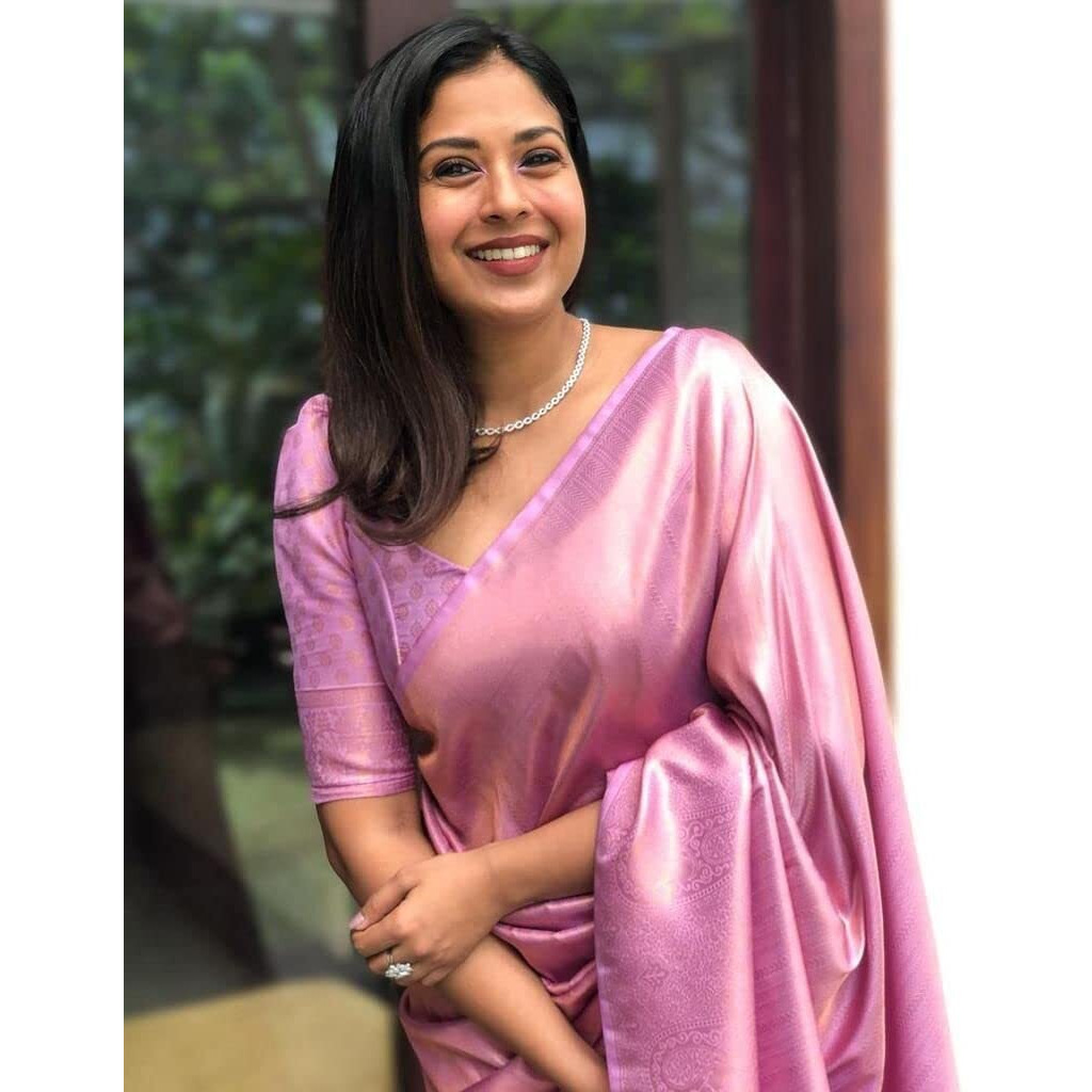 Flosive Womens Present Banarasi Soft Lichi Silk Saree Beautiful Jacquard Rich Pallu Design Work Zari Woven Kanjivaram Silk Style Saree With Soft Lichi Silk Blouse Piece (Pink)