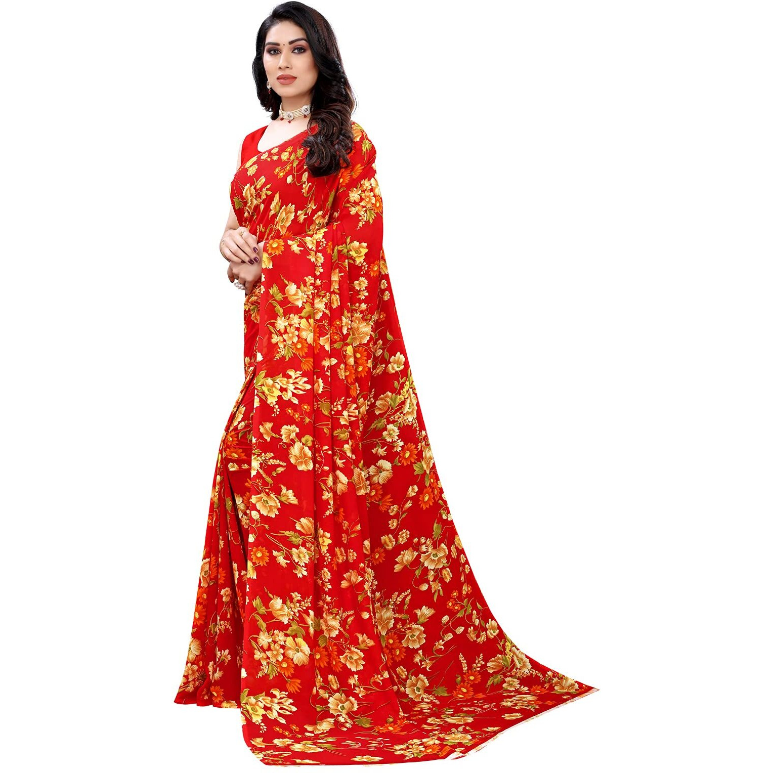 SIRIL Womens Floral Printed Georgette Saree with Blouse(2082S641_Red)