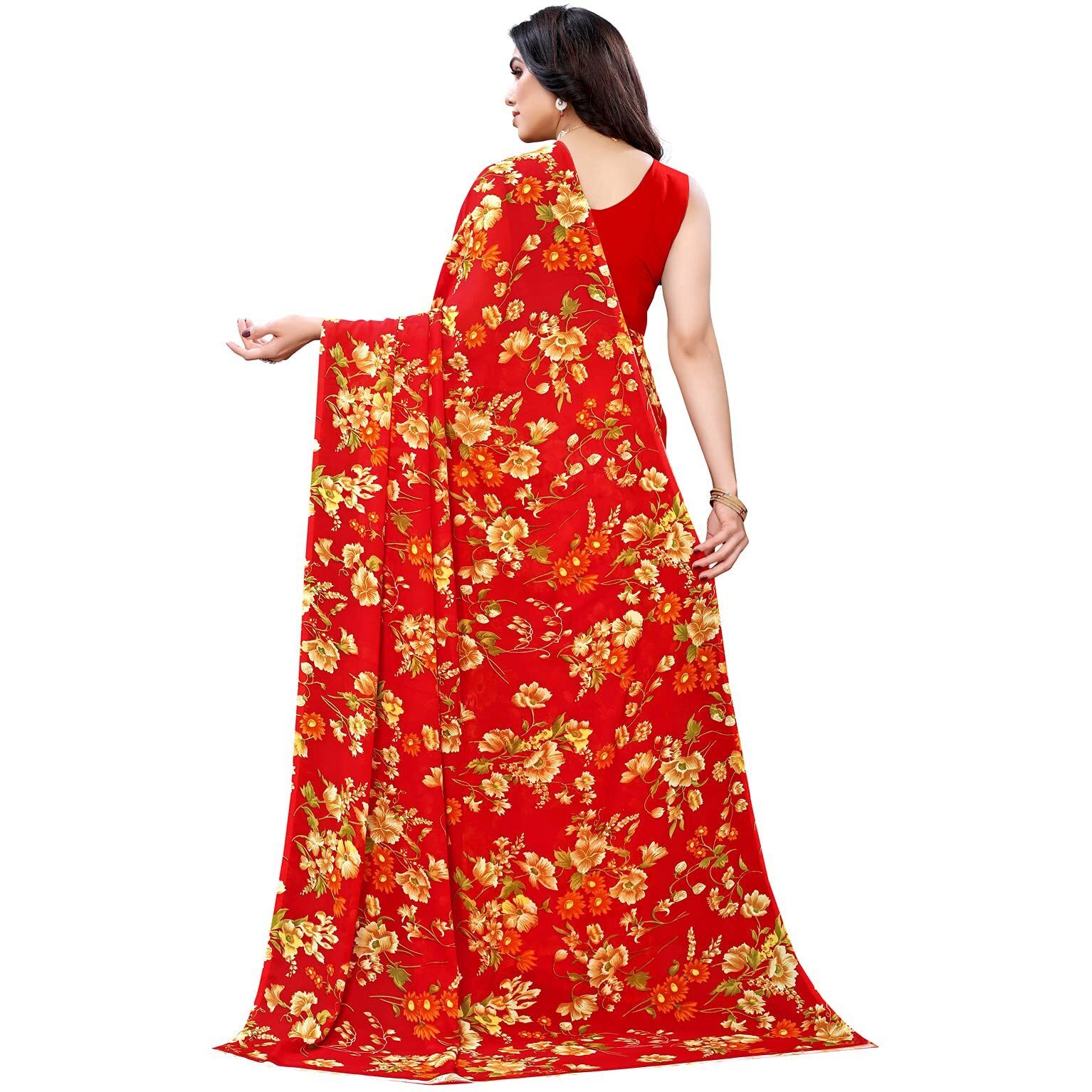 SIRIL Womens Floral Printed Georgette Saree with Blouse(2082S641_Red)