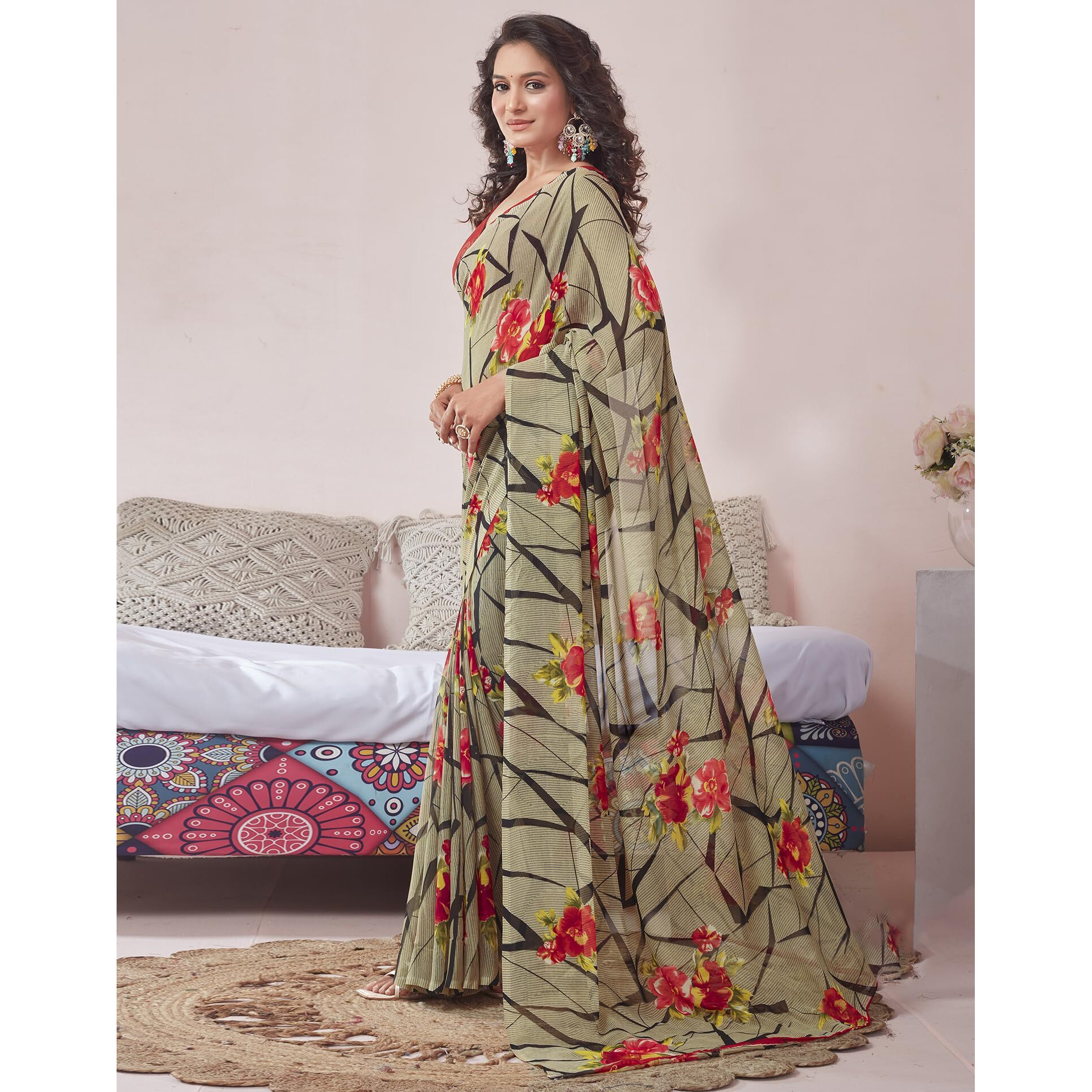 SIRIL Womens Georgette Floral Printed Saree With Unstitched Blouse Piece (3670S2570_Beige)