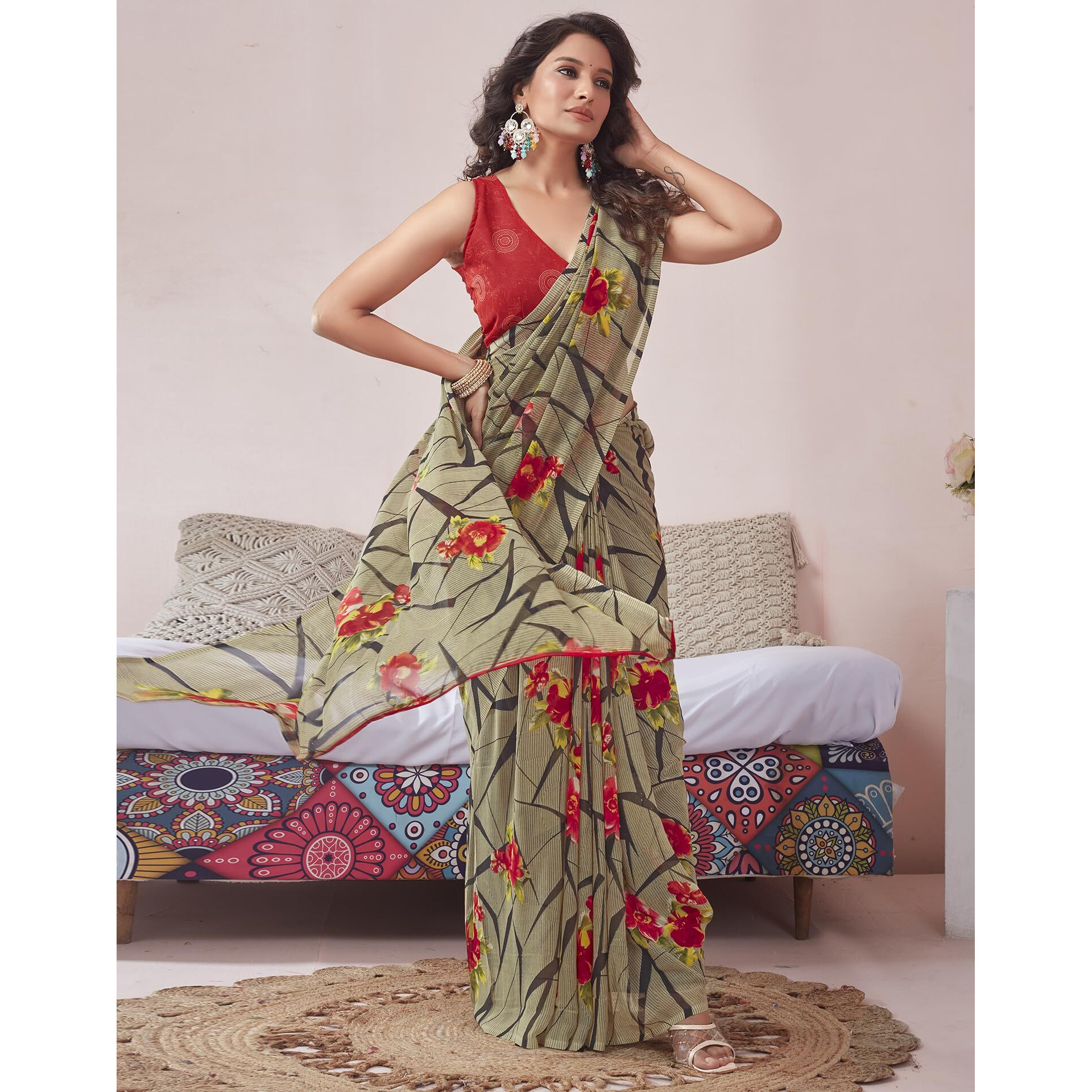 SIRIL Womens Georgette Floral Printed Saree With Unstitched Blouse Piece (3670S2570_Beige)
