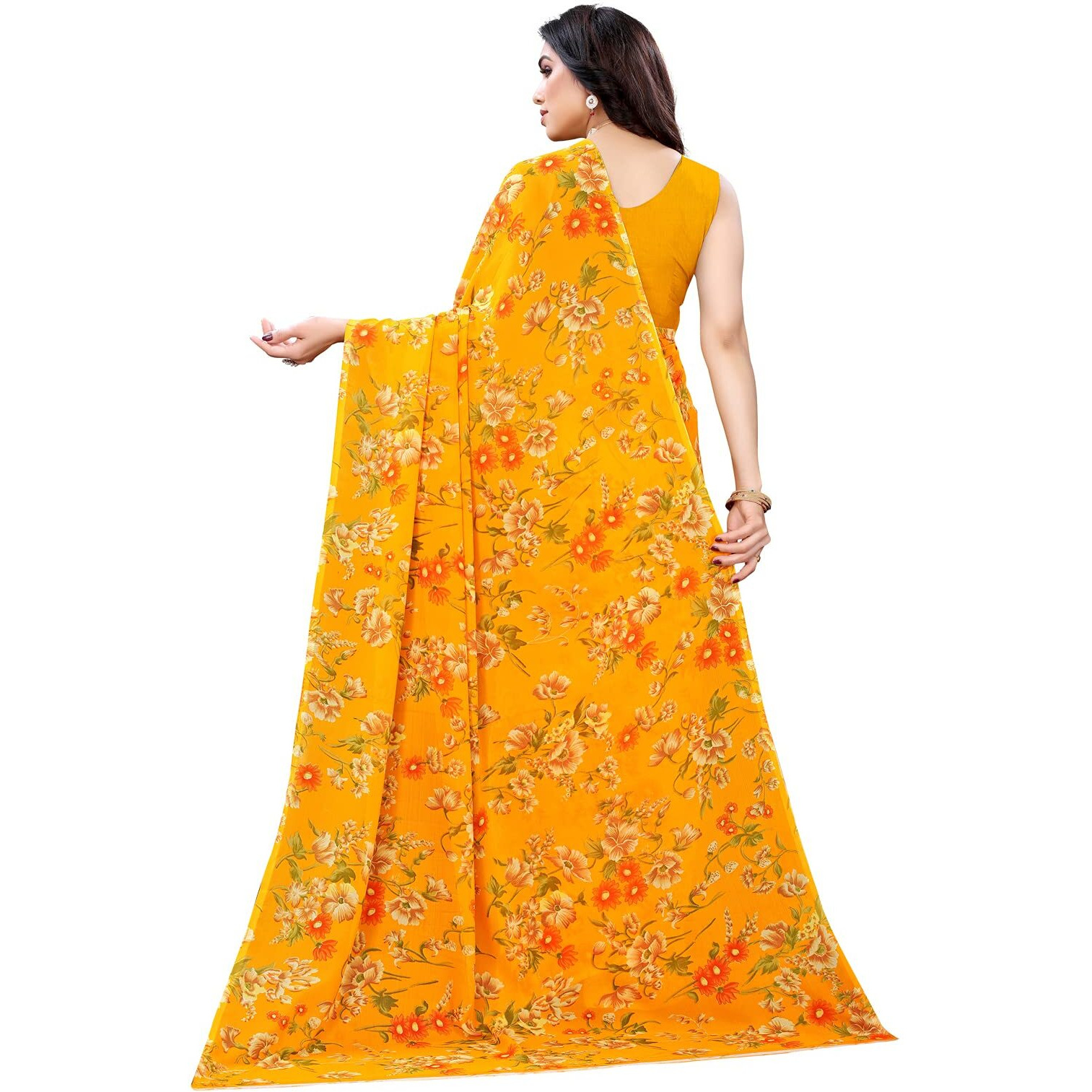 SIRIL Womens Floral Printed Georgette Saree with Blouse(2082S642_Yellow)