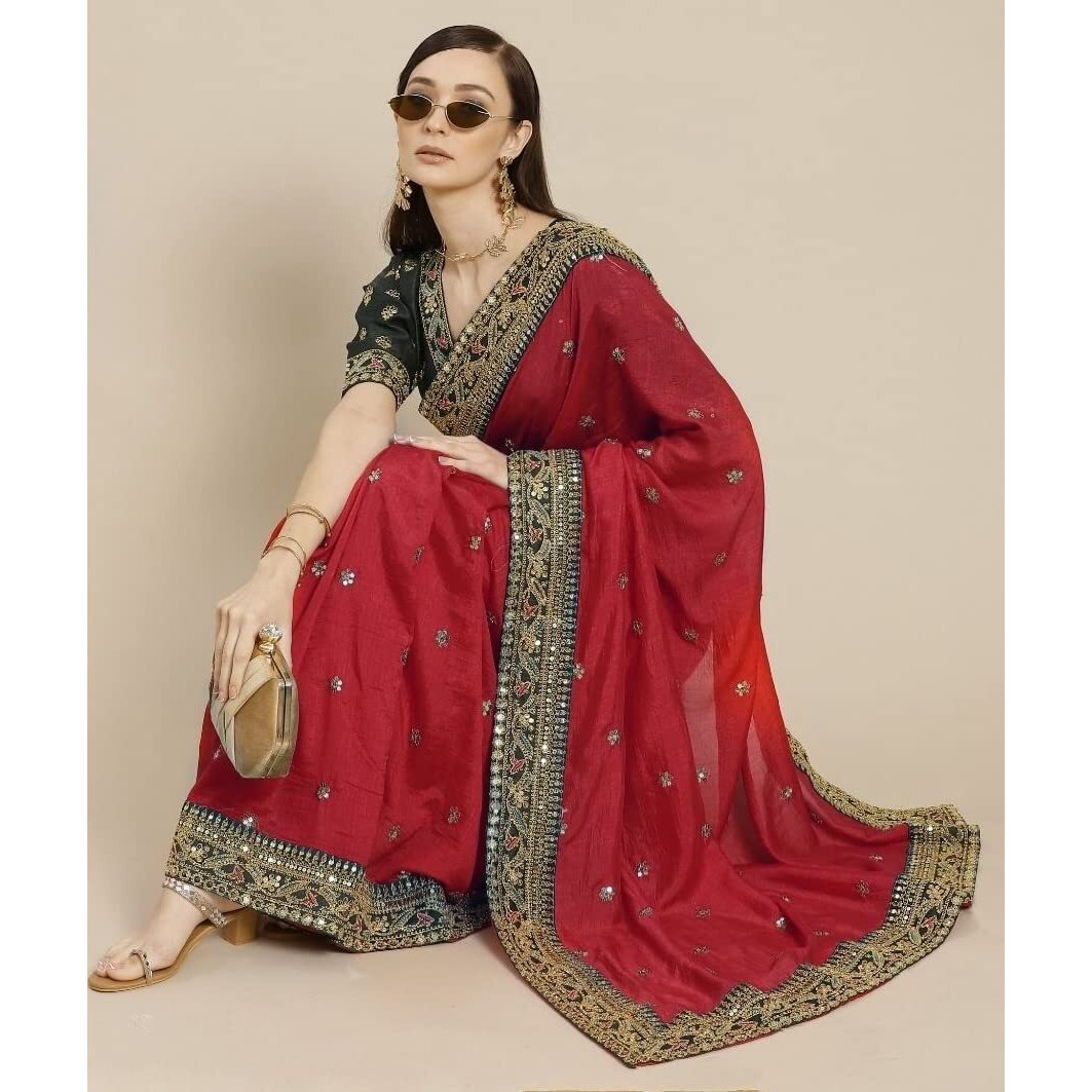 Fashion Basket Womens Georgette Maroon Saree With Blouse Piece
