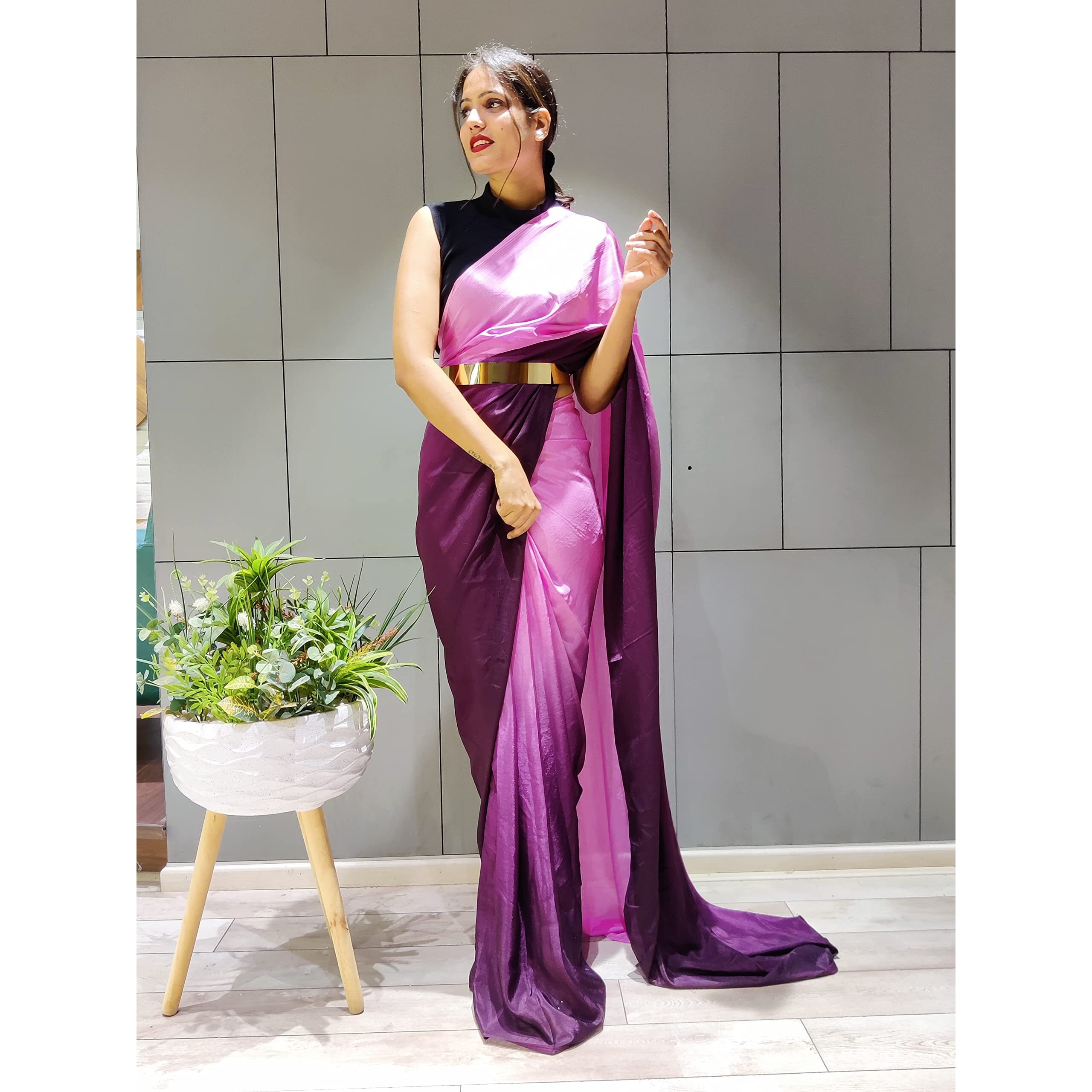 Sidhidata Womens Chiffon Georgette Ready To Wear saree With Unstitched Blouse Piece (RTW Wine With Belt_Wine_Free Size)