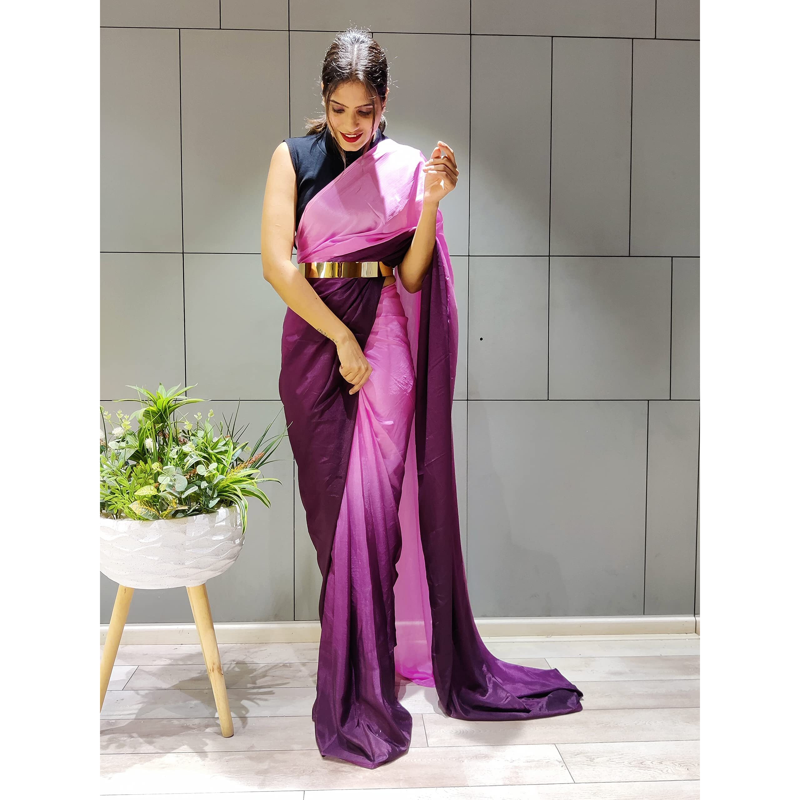 Sidhidata Womens Chiffon Georgette Ready To Wear saree With Unstitched Blouse Piece (RTW Wine With Belt_Wine_Free Size)