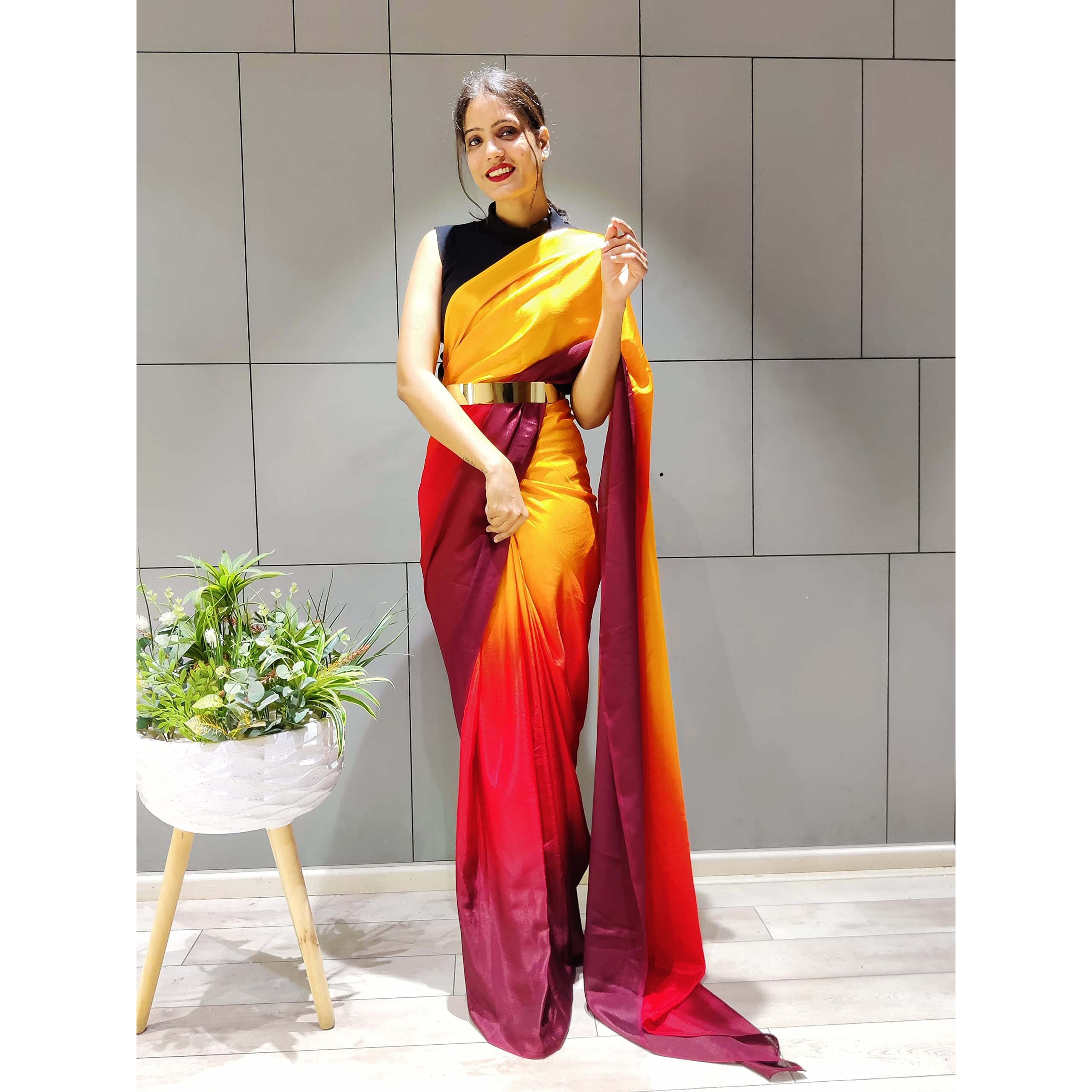 Sidhidata Womens Chiffon Georgette Ready To Wear saree With Unstitched Blouse Piece (RTW Gold With Belt_Gold_Free Size)