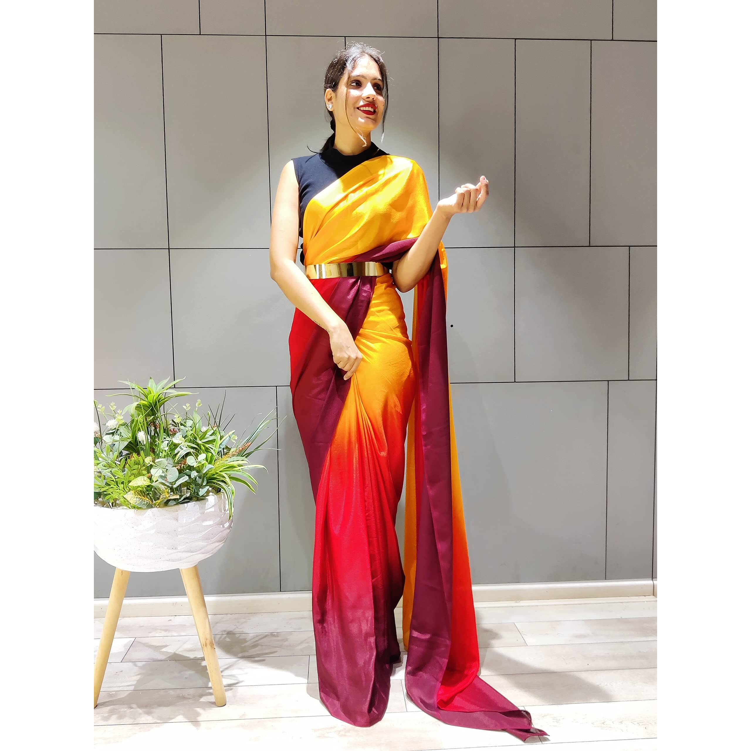 Sidhidata Womens Chiffon Georgette Ready To Wear saree With Unstitched Blouse Piece (RTW Gold With Belt_Gold_Free Size)