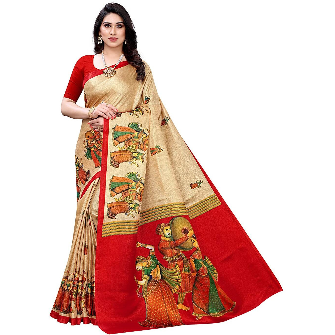 Yashika Womens Printed Art Silk Saree With Blouse Piece(RAJARANI CHICKU_Free Size)