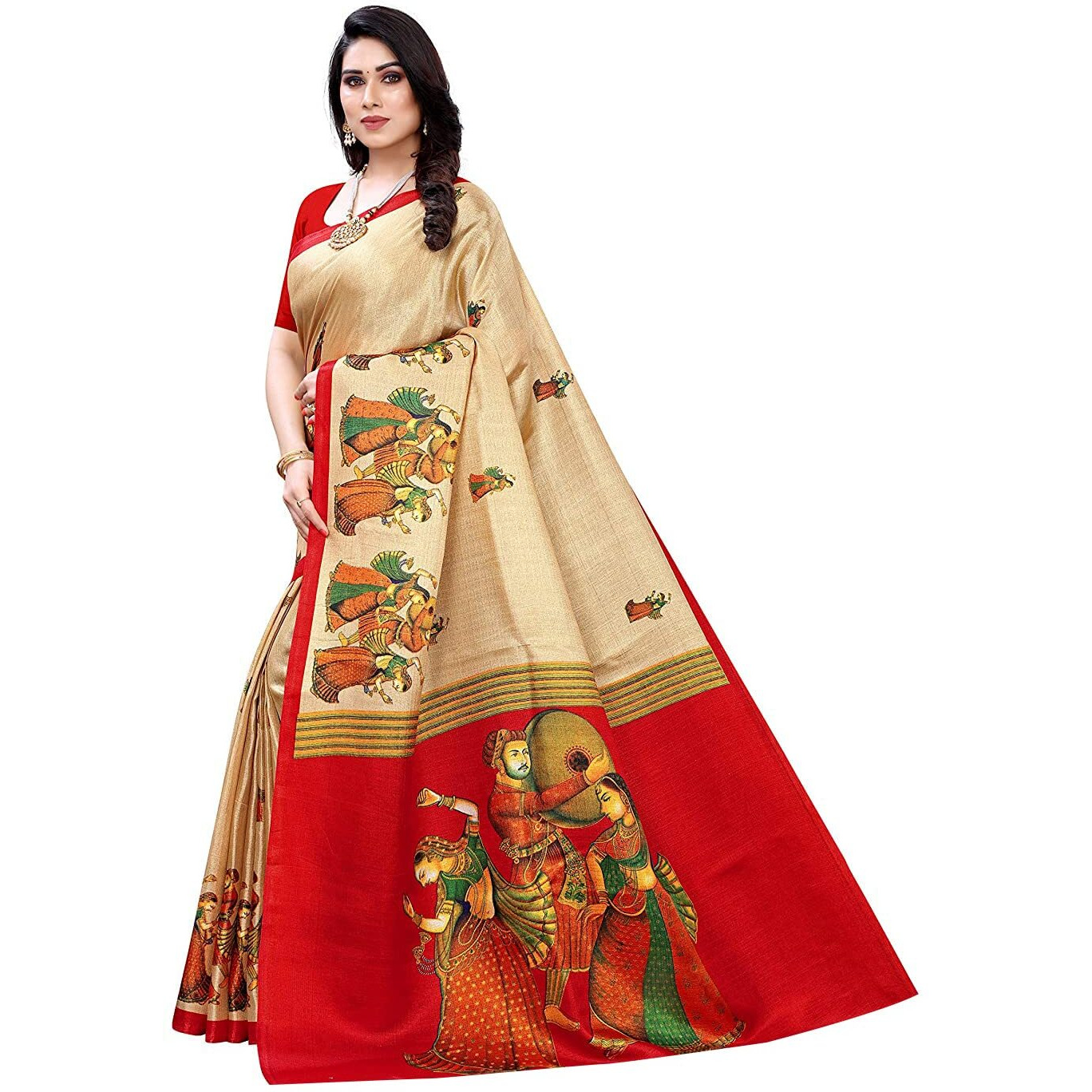 Yashika Womens Printed Art Silk Saree With Blouse Piece(RAJARANI CHICKU_Free Size)