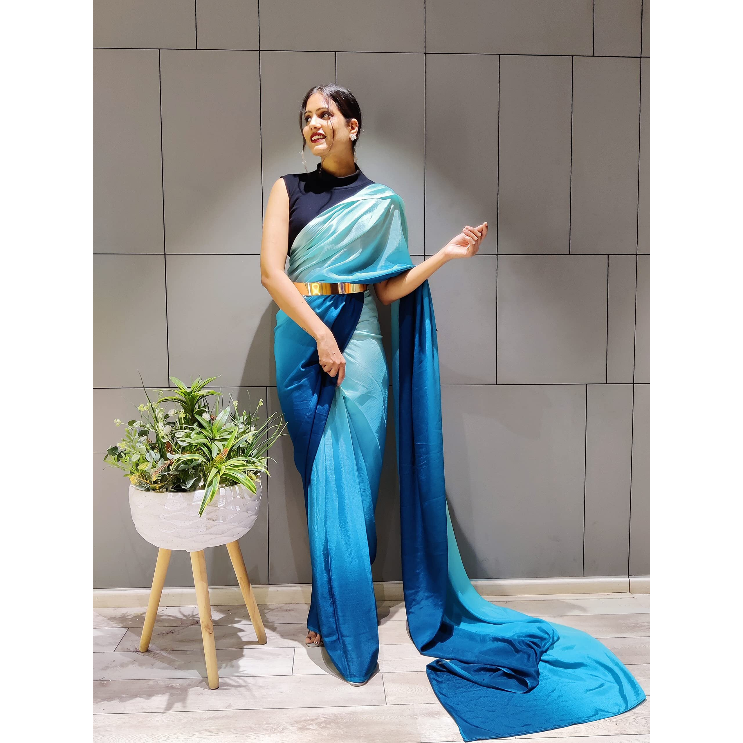 Sidhidata Womens Chiffon Georgette Ready To Wear saree With Unstitched Blouse Piece (RTW Sky Blue_Sky Blue_Free Size)