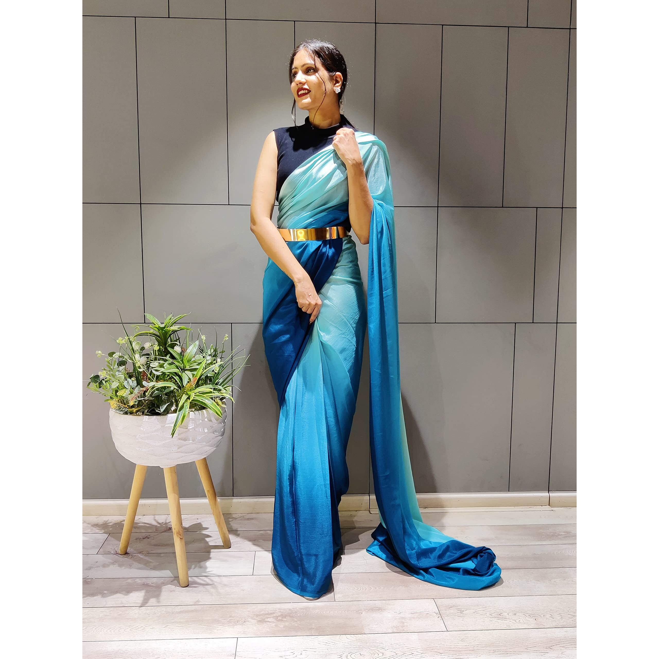 Sidhidata Womens Chiffon Georgette Ready To Wear saree With Unstitched Blouse Piece (RTW Sky Blue_Sky Blue_Free Size)