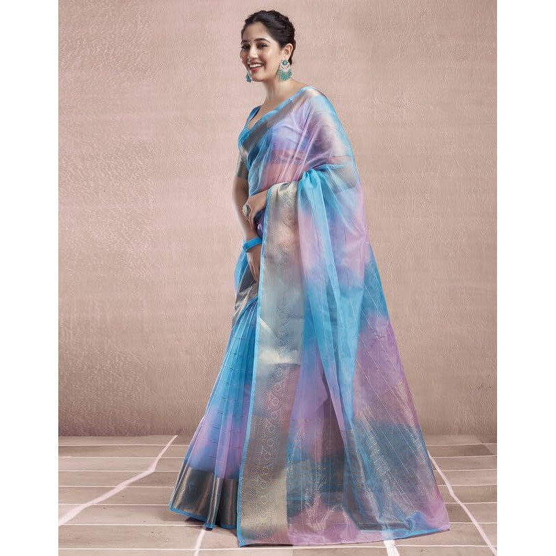 SIRIL Womens Organza Jacquard Woven Zari Stripe Saree With Unstitched Blouse Piece (3644S429_Light Blue)