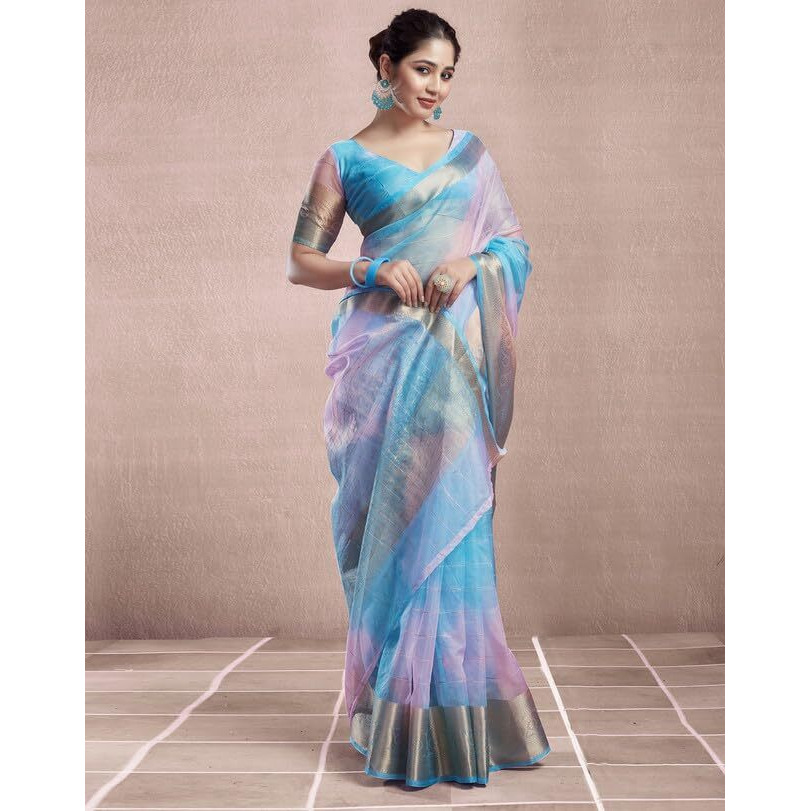 SIRIL Womens Organza Jacquard Woven Zari Stripe Saree With Unstitched Blouse Piece (3644S429_Light Blue)