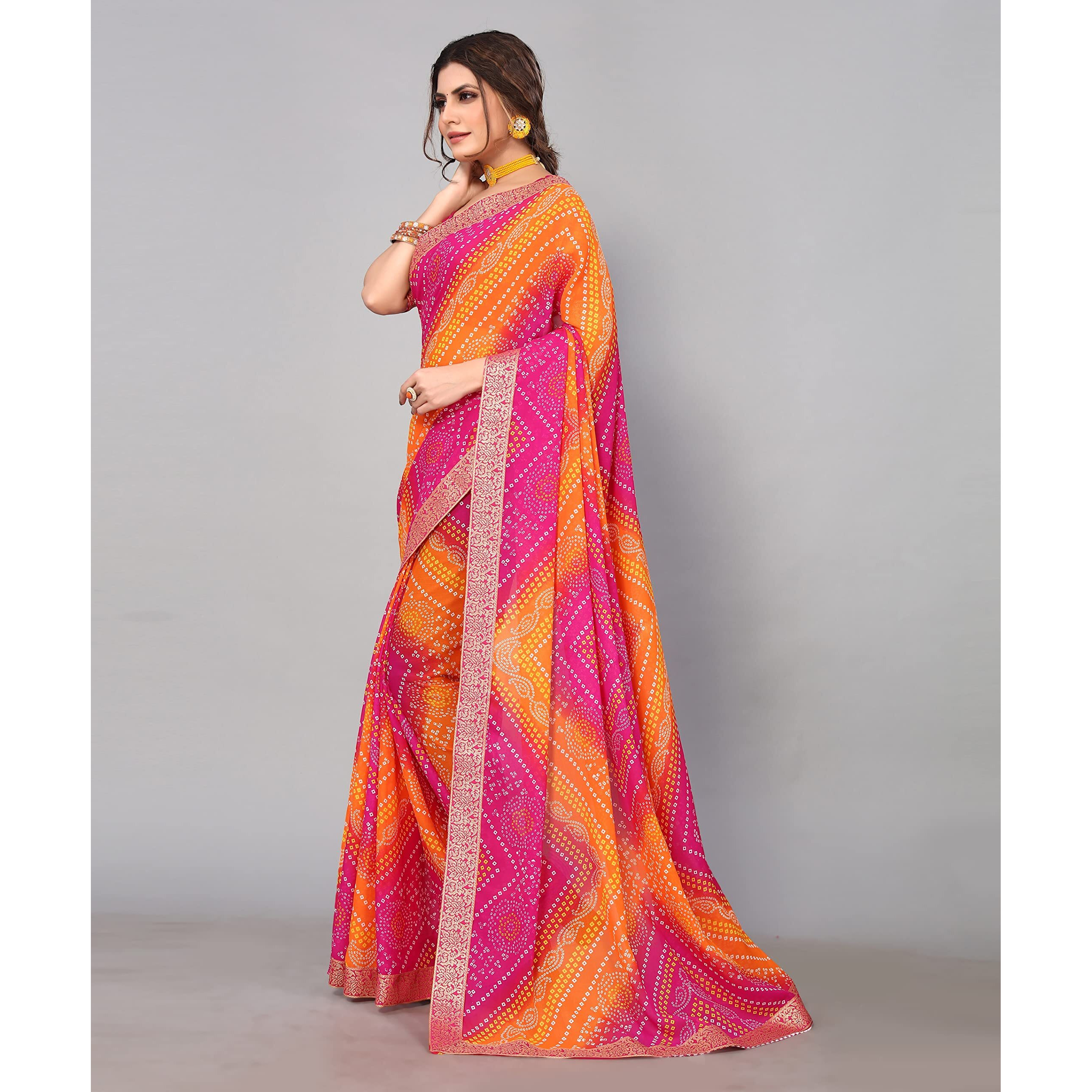 Yashika Womens Printed Georgette With Lace Saree With Blouse Piece (VERA PINK)
