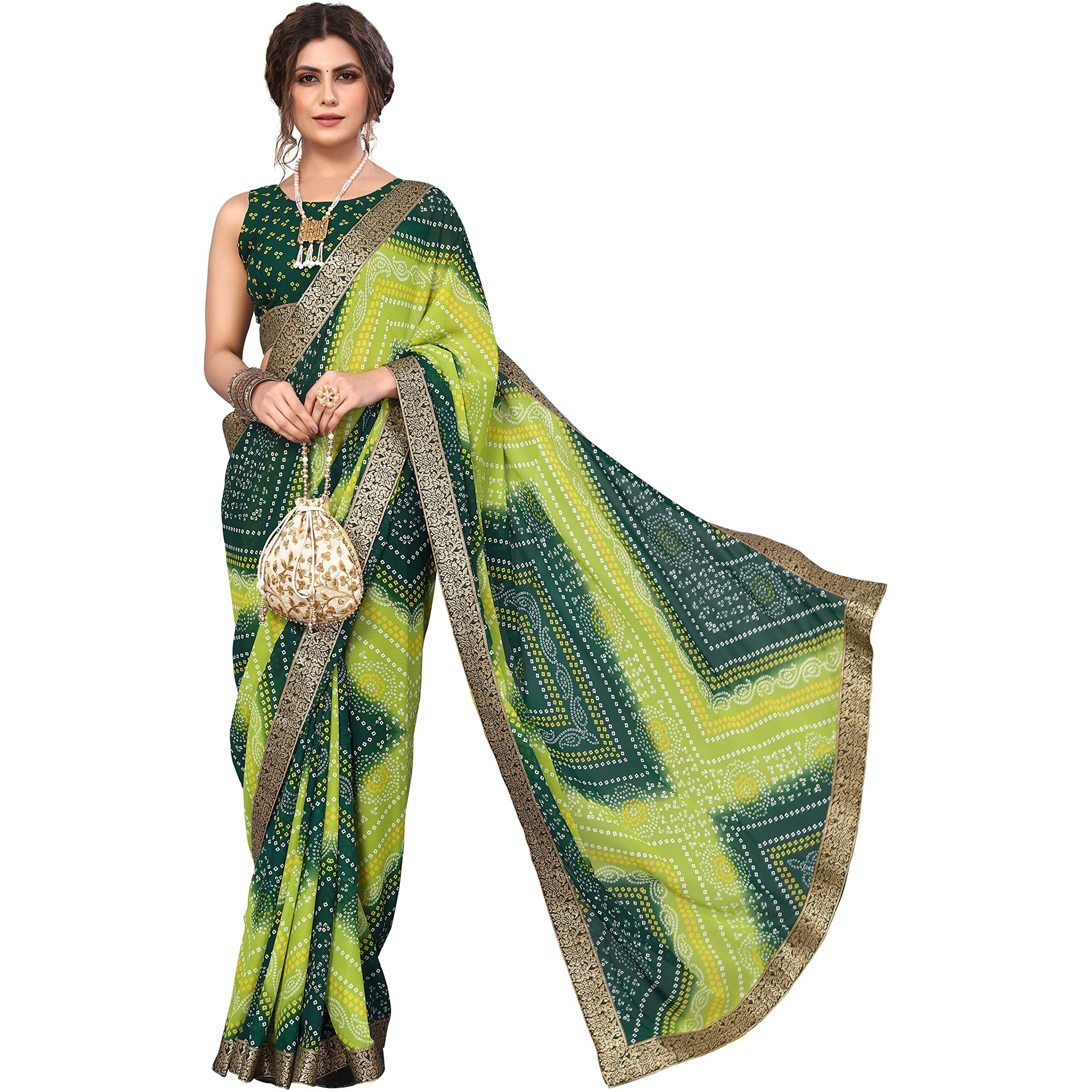 Yashika Womens Printed Georgette With Lace Saree With Blouse Piece (VERA GREEN)