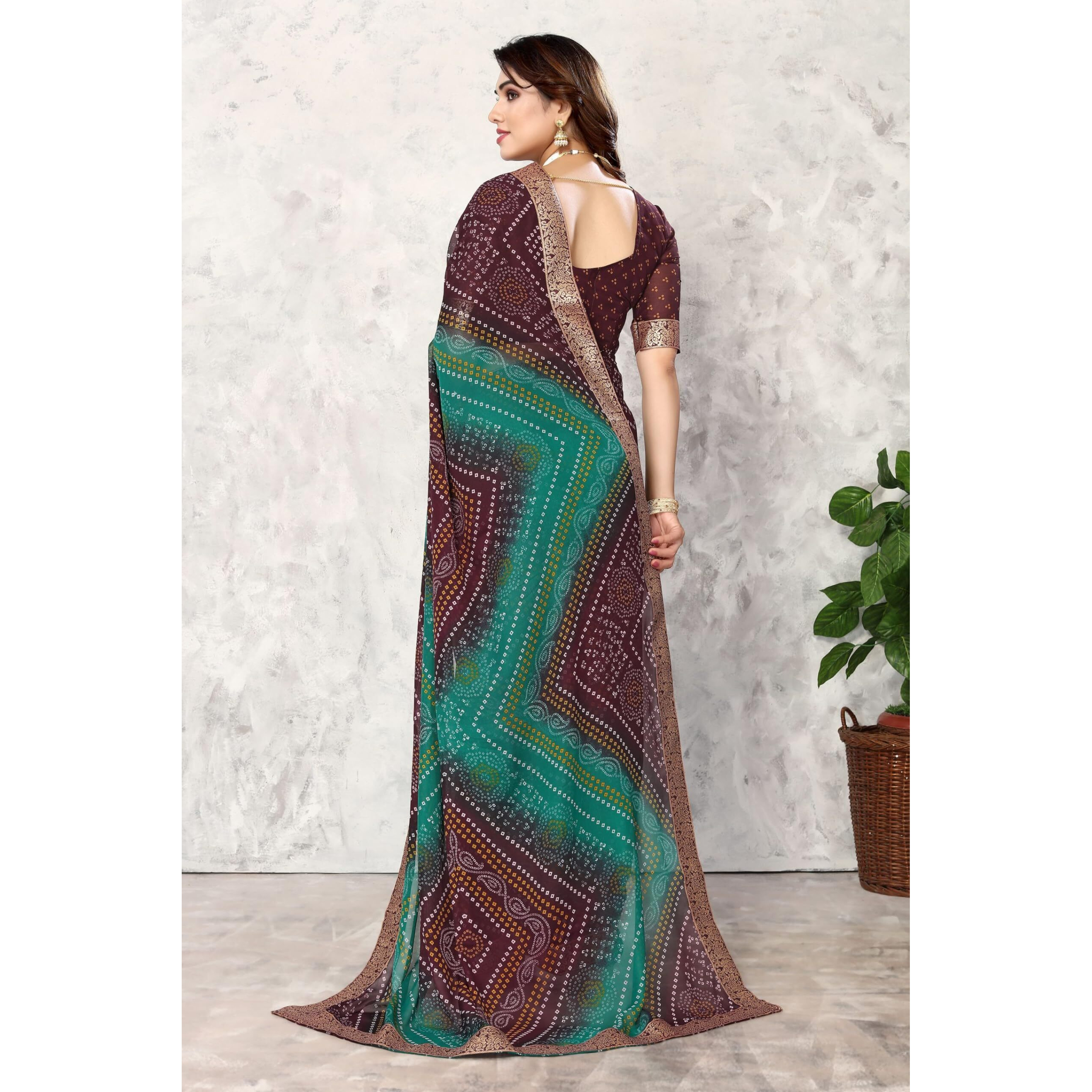 Yashika Womens Printed Trendy Georgette Brown Color With Lace Saree with Blouse Material(VERA BROWN)