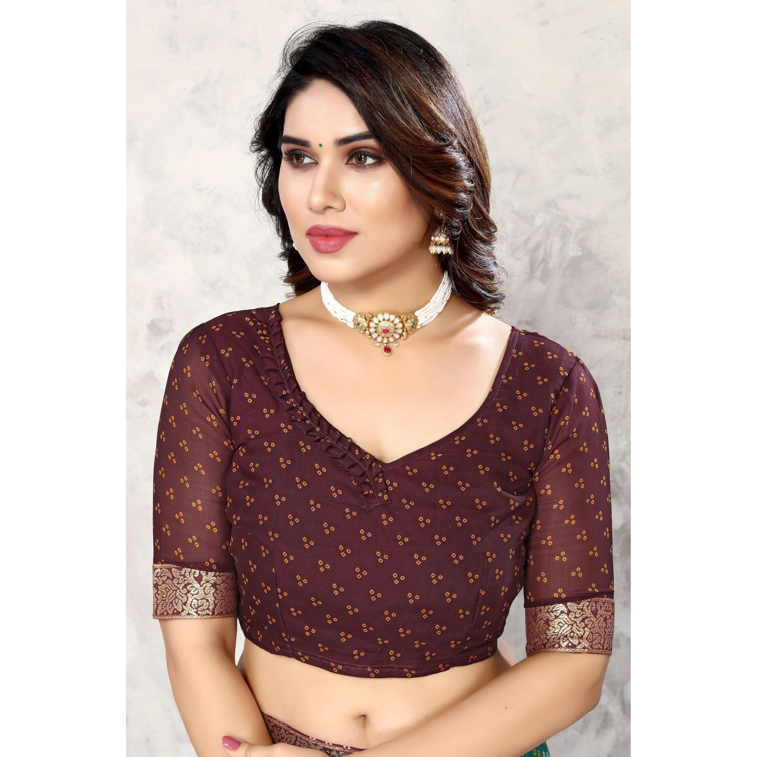 Yashika Womens Printed Trendy Georgette Brown Color With Lace Saree with Blouse Material(VERA BROWN)