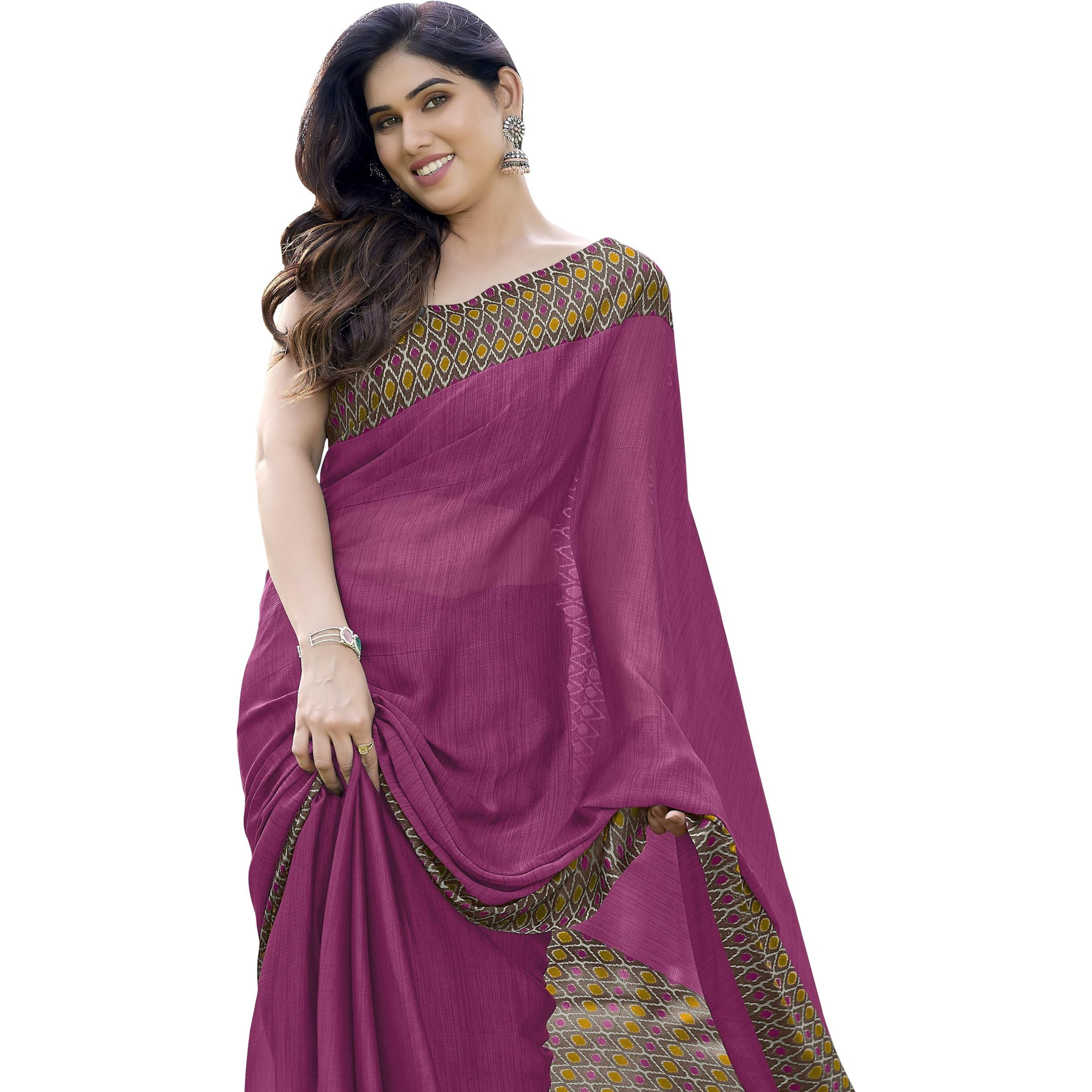 MIRCHI FASHION Womens Plain Weave Chiffon Contrast Border-Pallu Printed Saree with Blouse Piece (35081-Magenta Pink, Coffee)