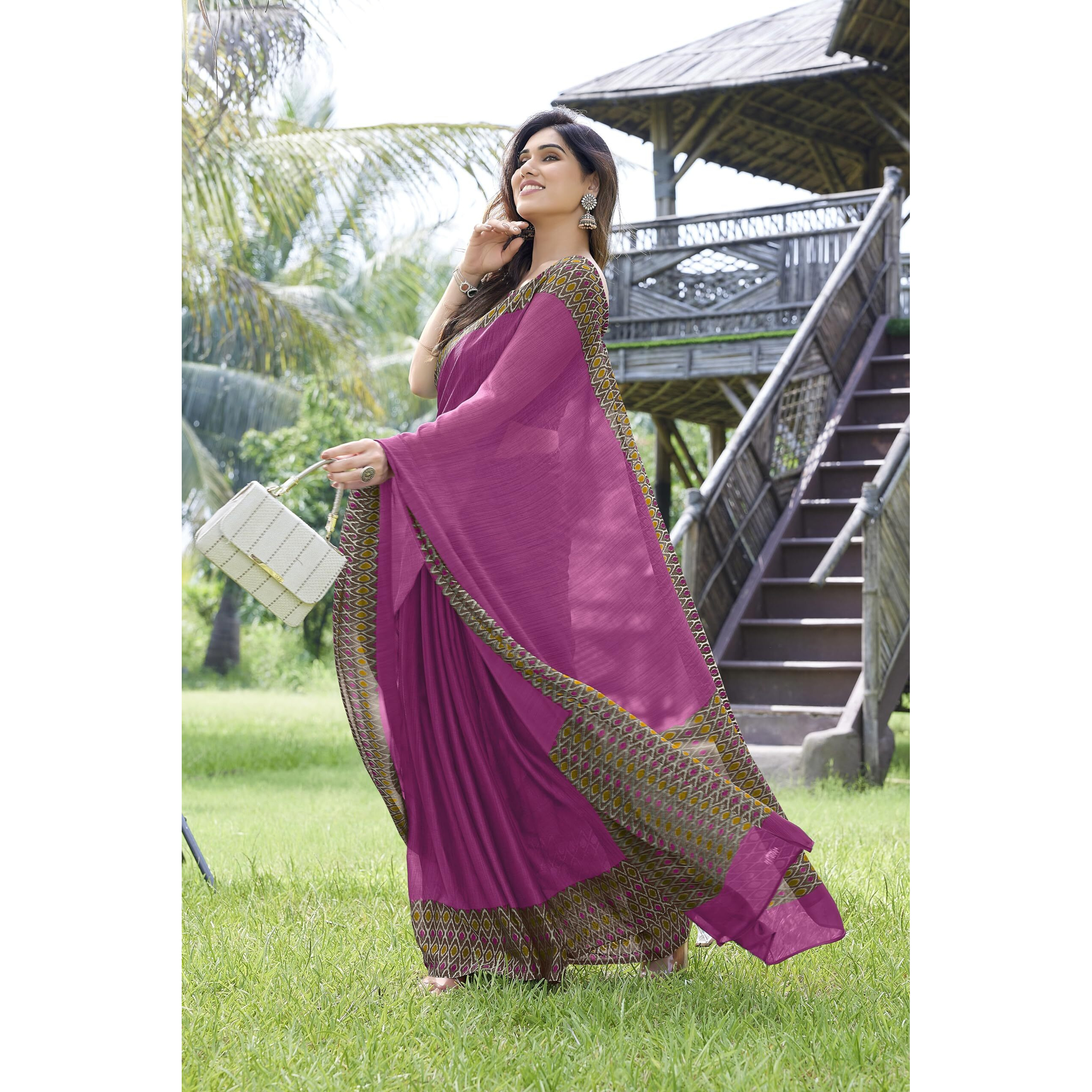 MIRCHI FASHION Womens Plain Weave Chiffon Contrast Border-Pallu Printed Saree with Blouse Piece (35081-Magenta Pink, Coffee)