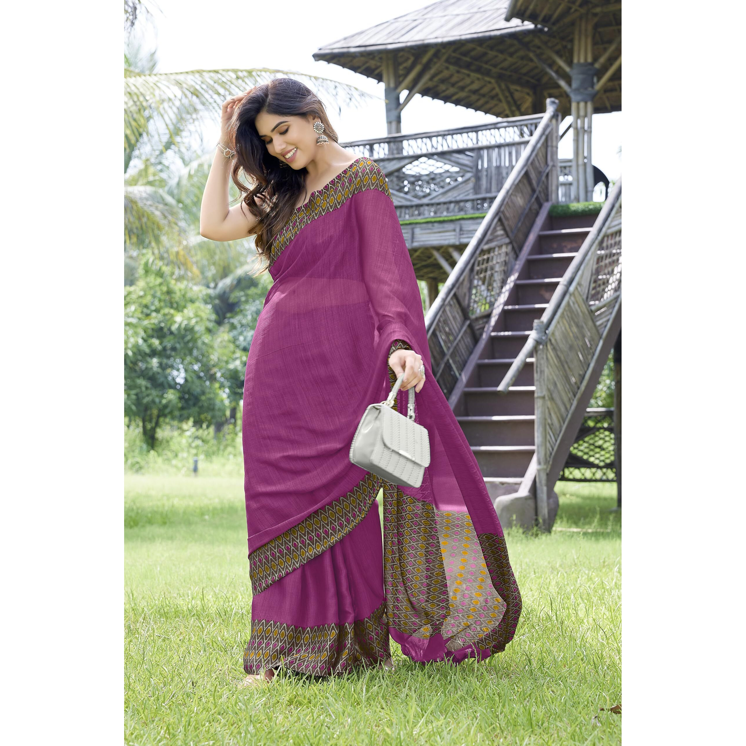 MIRCHI FASHION Womens Plain Weave Chiffon Contrast Border-Pallu Printed Saree with Blouse Piece (35081-Magenta Pink, Coffee)
