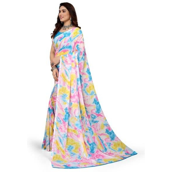 Yashika Womens Georgette Printed Saree With Blouse Piece(MAHIMA SKY BLUE_Free Size)