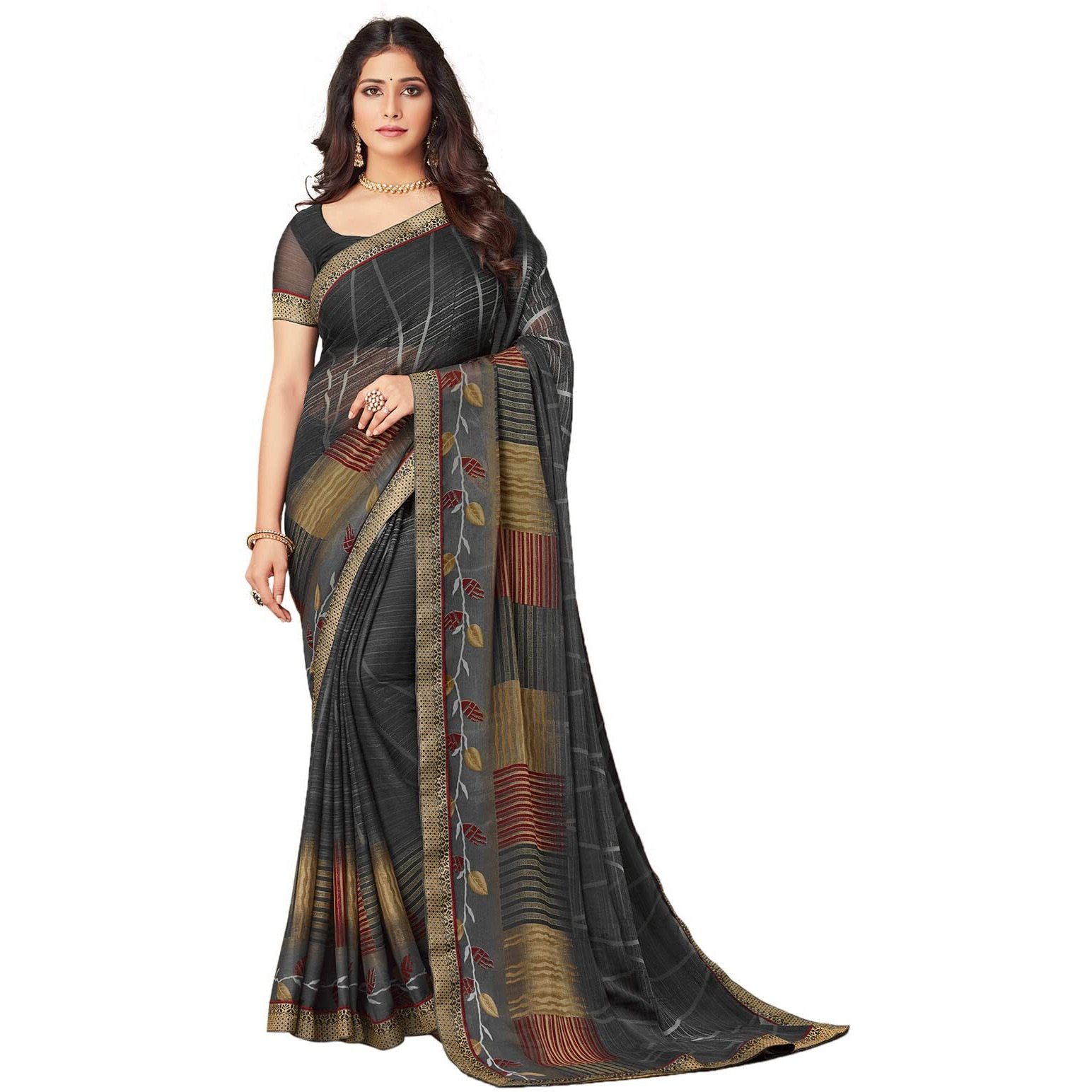SIRIL Womens Lace & Printed Chiffon Saree with Blouse(2206S941_Steel Grey)