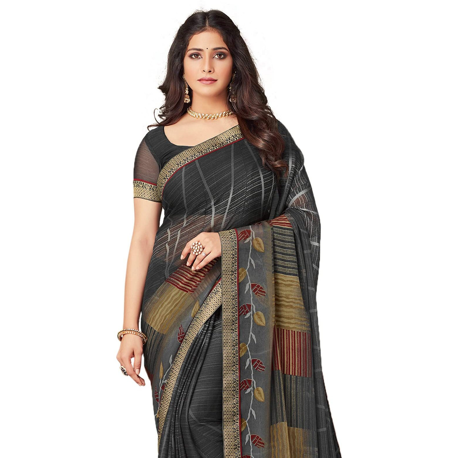 SIRIL Womens Lace & Printed Chiffon Saree with Blouse(2206S941_Steel Grey)