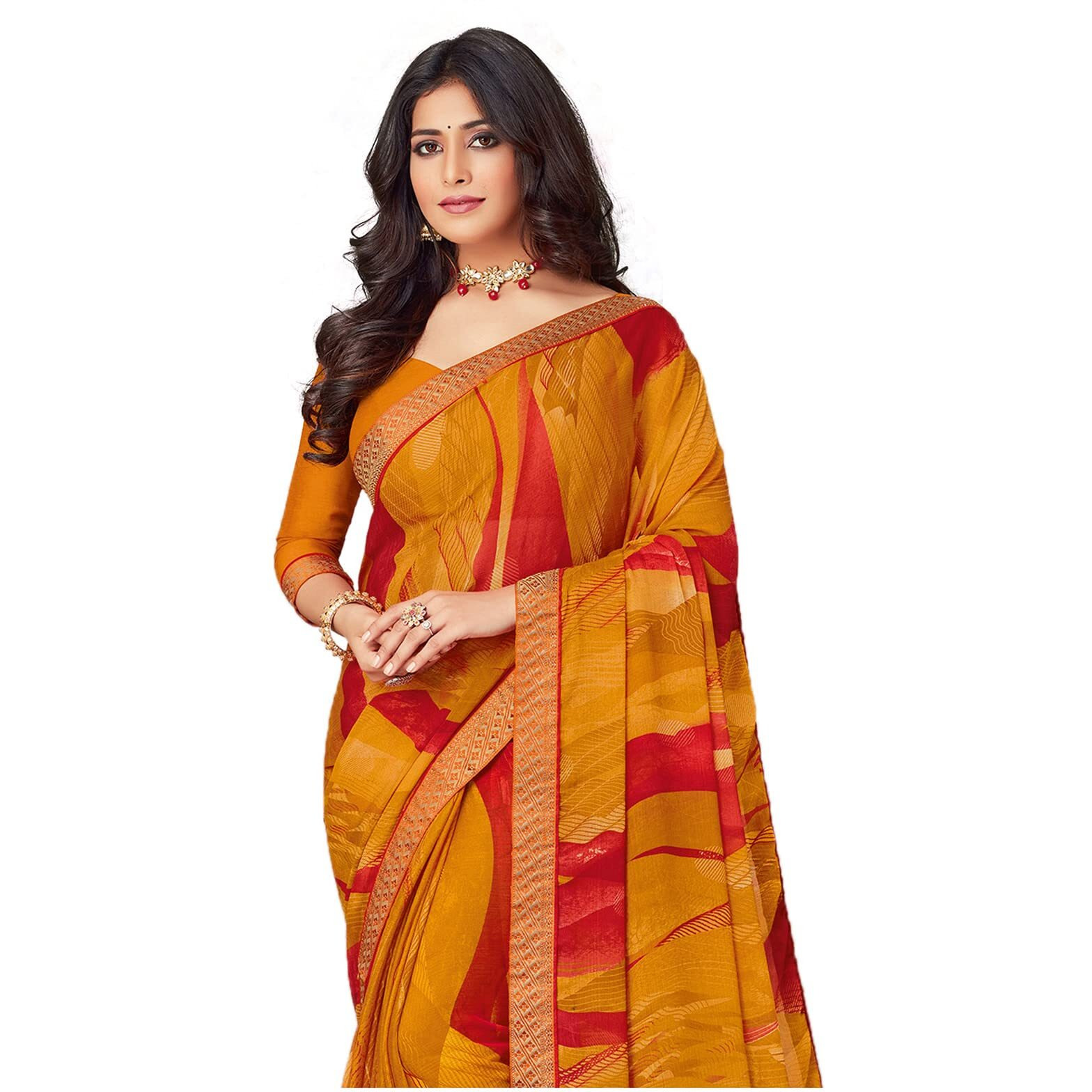SIRIL Womens Lace & Printed Chiffon Saree with Blouse(2206S938_Turmeric Yellow)