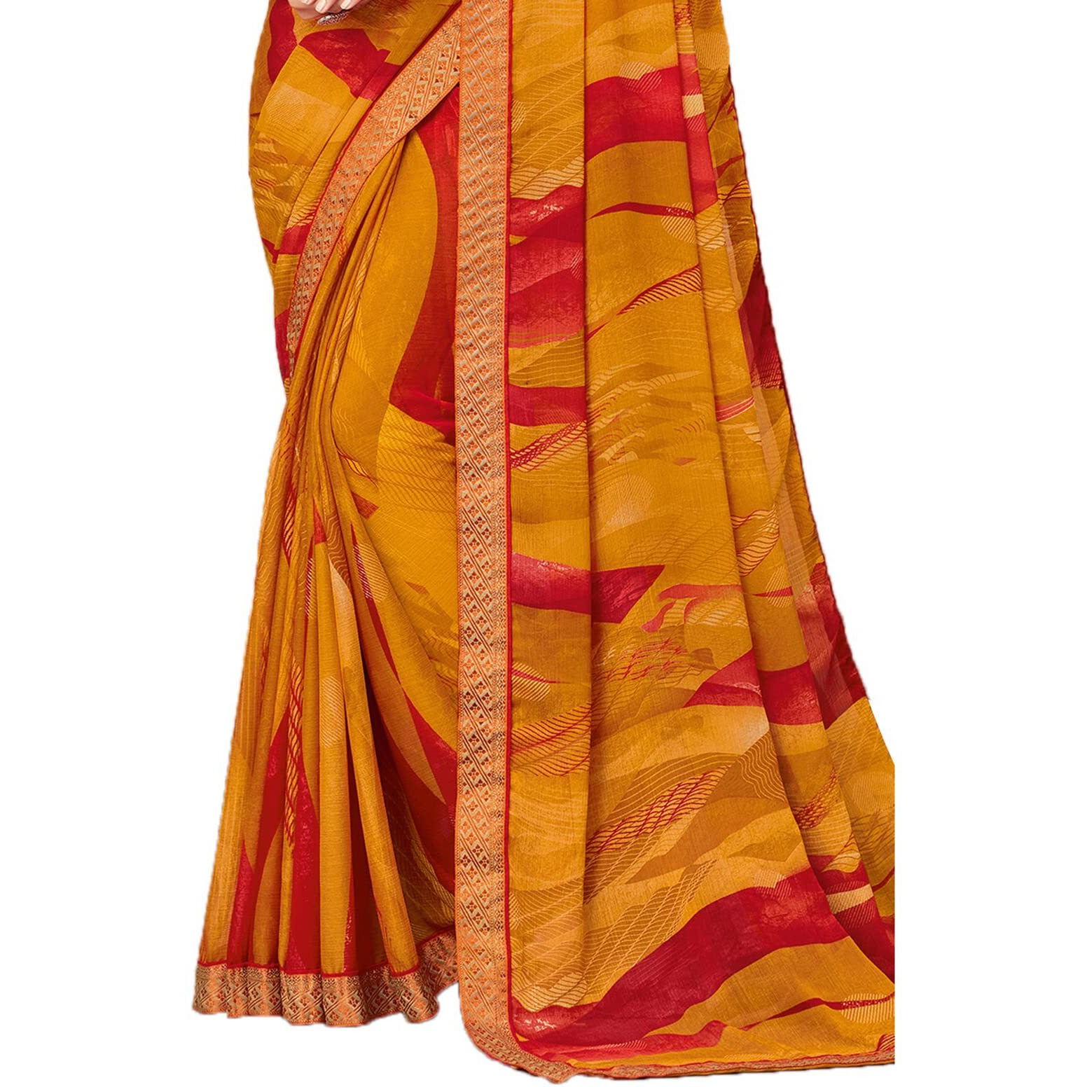 SIRIL Womens Lace & Printed Chiffon Saree with Blouse(2206S938_Turmeric Yellow)