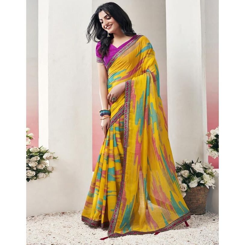 SIRIL Womens Chiffon Printed Saree With Unstitched Blouse Piece (3576S2505_Yellow & Pink)